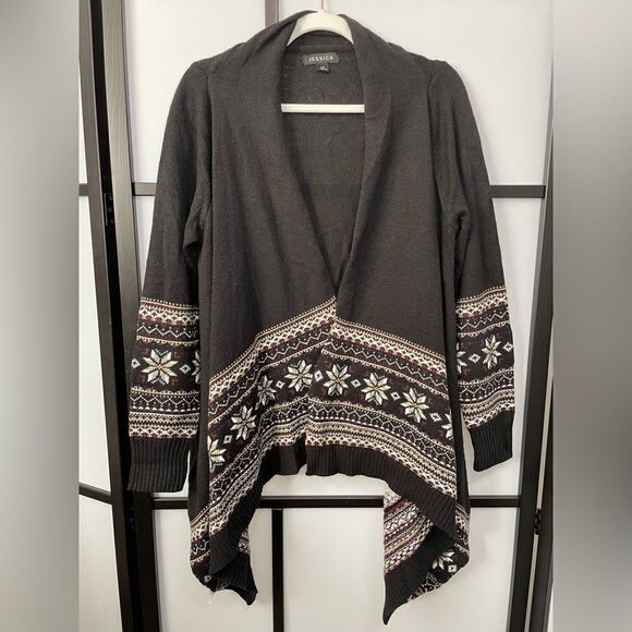 [L] Jessica Black Holiday Cardigan with Creme & Red Fair Isle Snowflake Print - Picture 2 of 10